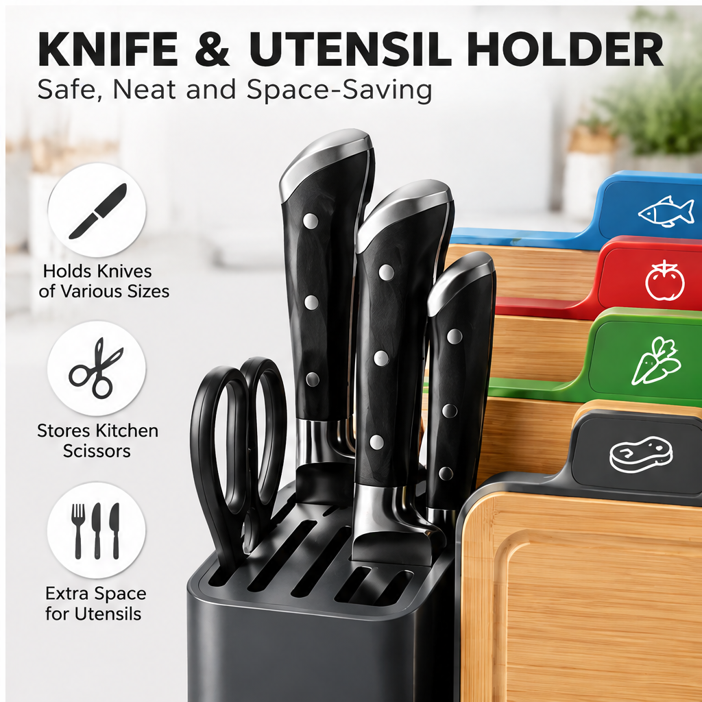 🚀CRAFTOEG™ Bamboo Cutting Board Set with Color-Coded Boards & Knife Organizer