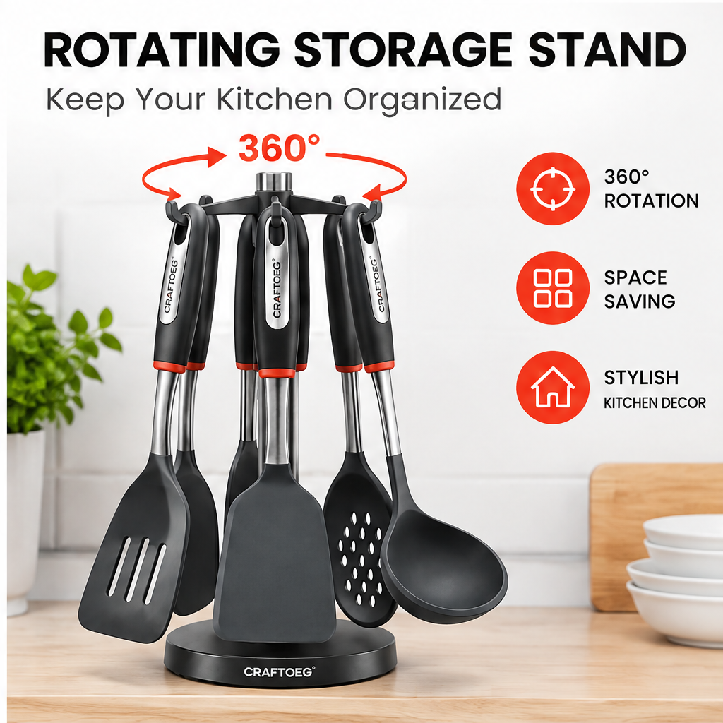 🐰CRAFTOEG™ 8-Piece Silicone Kitchen Utensil Set with 360° Rotating Stand