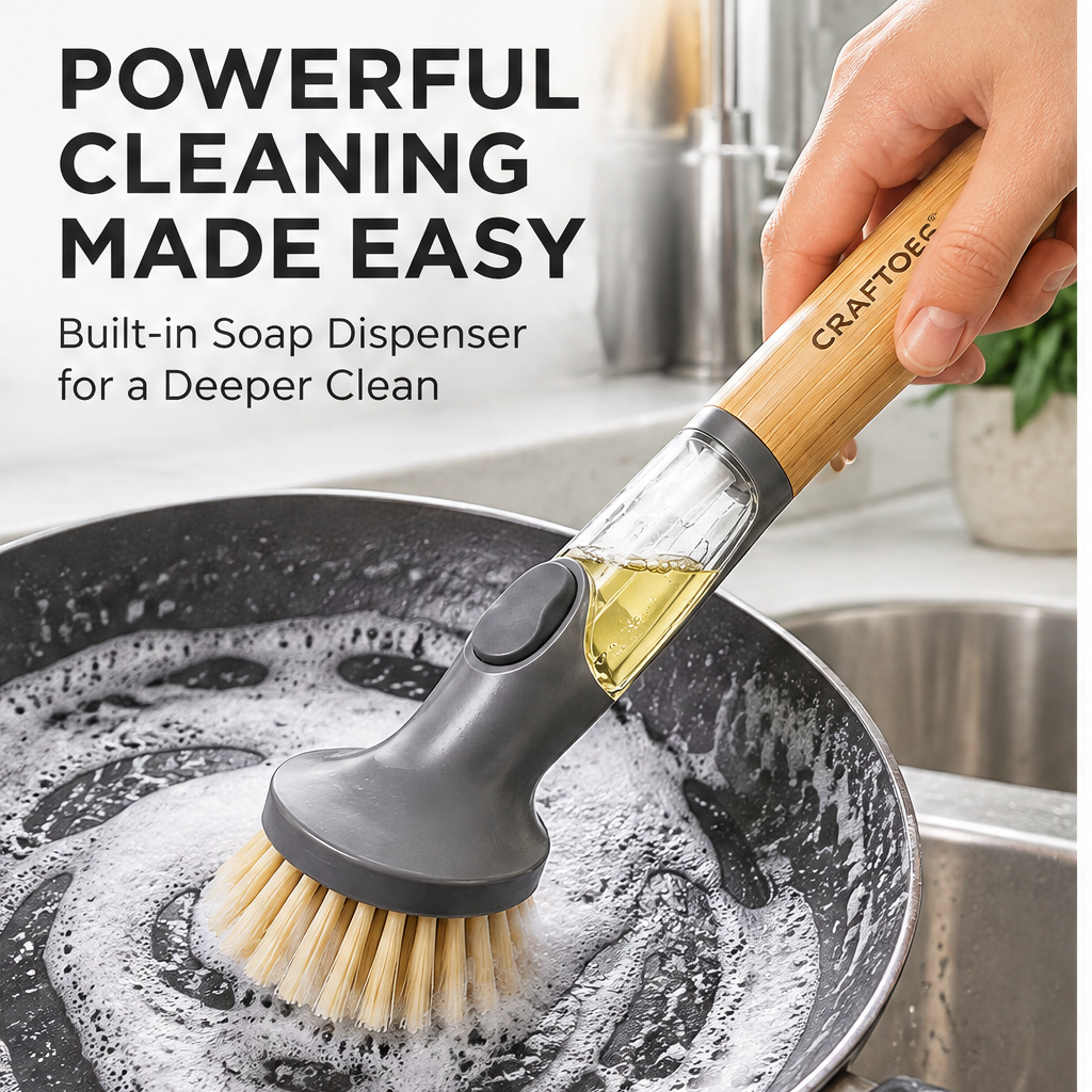 🚀CRAFTOEG™ Bamboo Soap Dispensing Dish Scrub Brush
