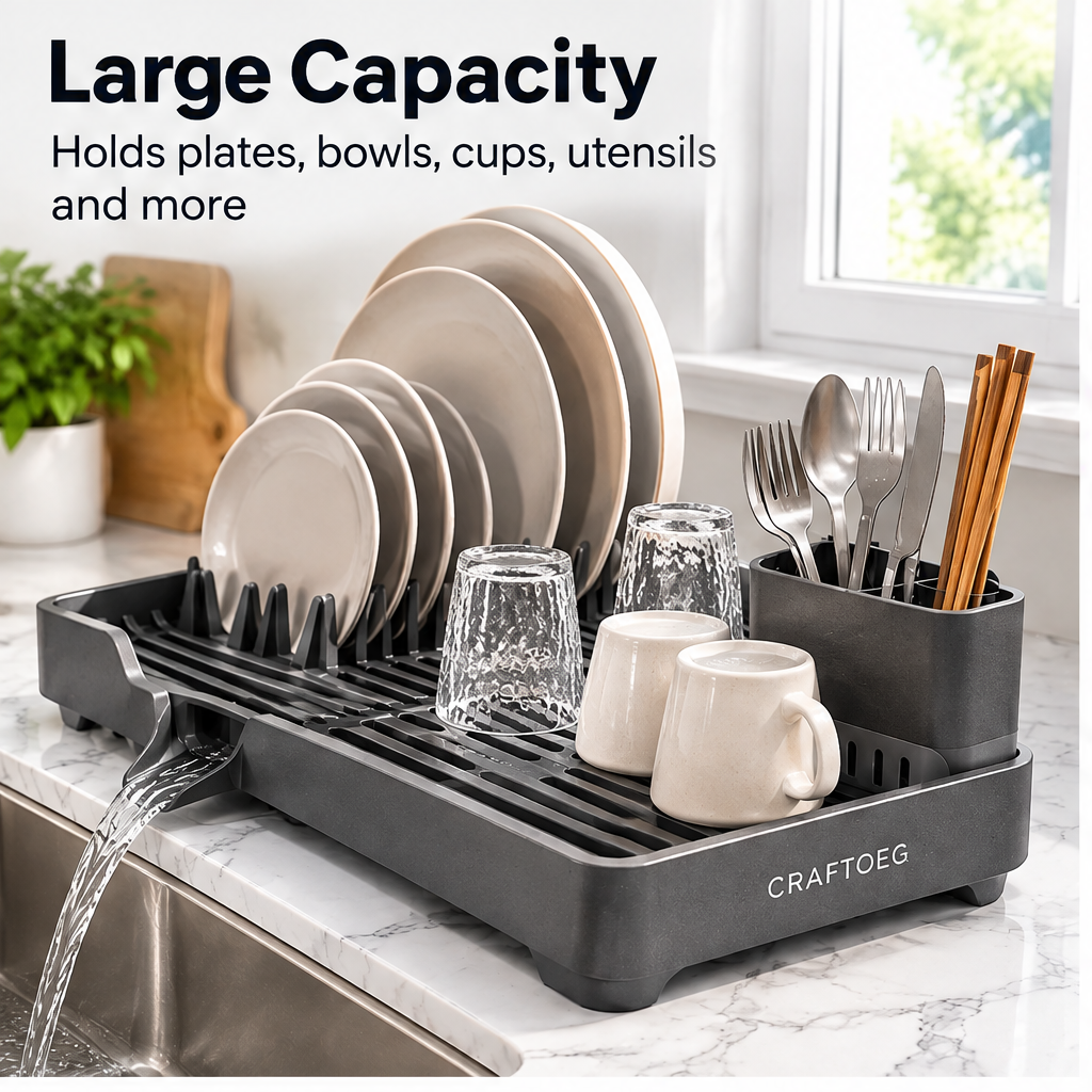 🦖CRAFTOEG™ Large Capacity Expandable Dish Drying Rack with 360° Drainage Spout