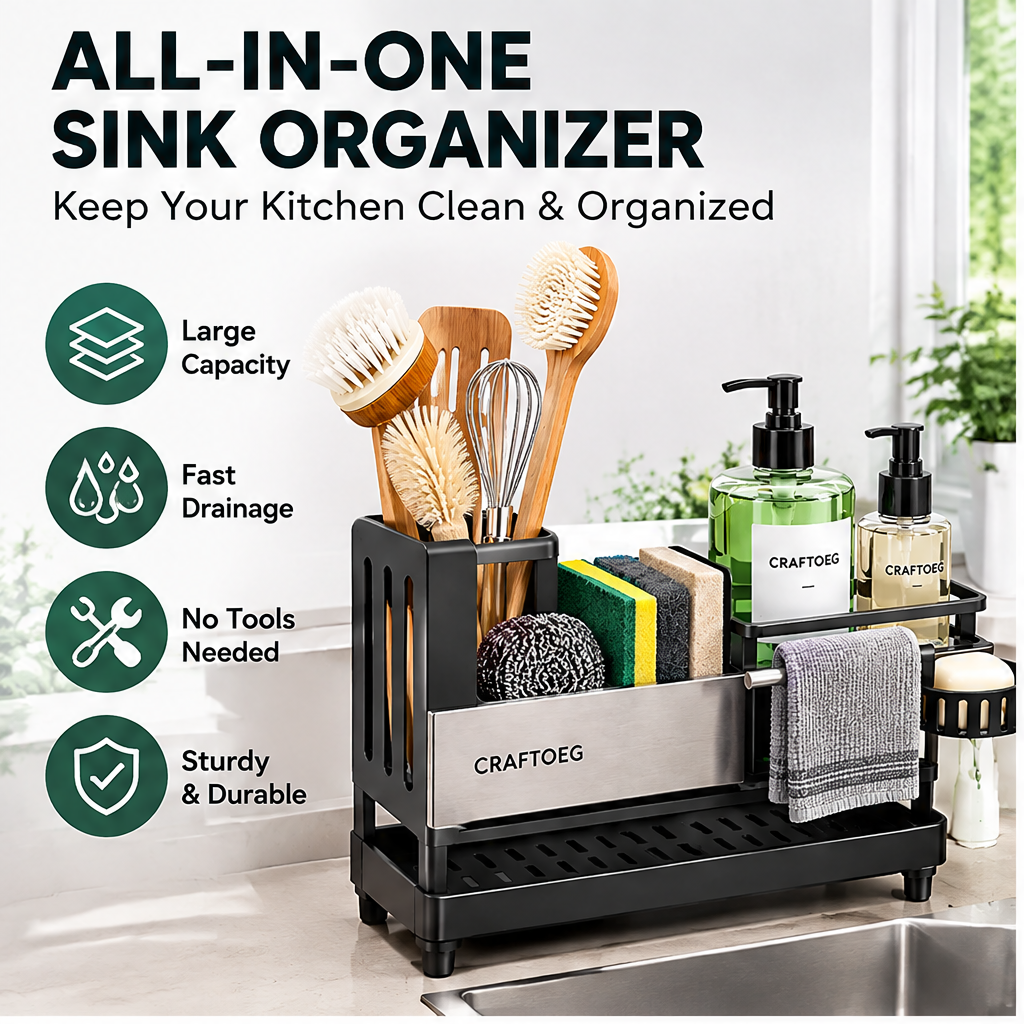 🍳CRAFTOEG™ All-In-One Sink Organizer with Fast Drainage System