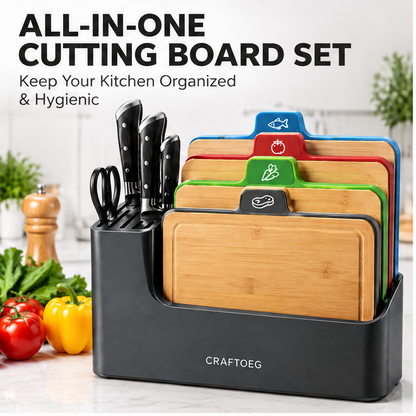 🚀CRAFTOEG™ Bamboo Cutting Board Set with Color-Coded Boards & Knife Organizer