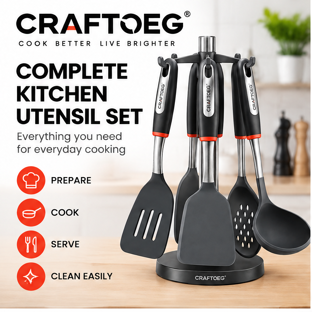 🐰CRAFTOEG™ 8-Piece Silicone Kitchen Utensil Set with 360° Rotating Stand