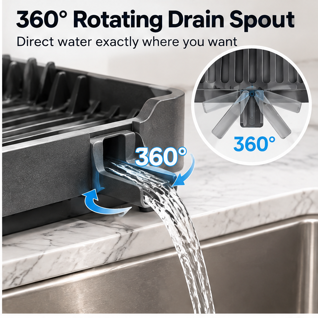 🦖CRAFTOEG™ Large Capacity Expandable Dish Drying Rack with 360° Drainage Spout