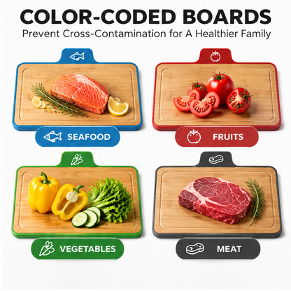 🚀CRAFTOEG™ Bamboo Cutting Board Set with Color-Coded Boards & Knife Organizer