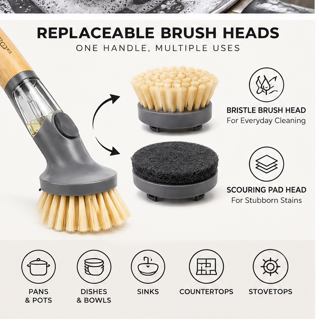 🚀CRAFTOEG™ Bamboo Soap Dispensing Dish Scrub Brush