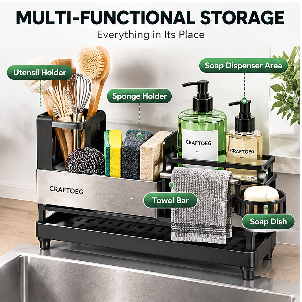 🍳CRAFTOEG™ All-In-One Sink Organizer with Fast Drainage System