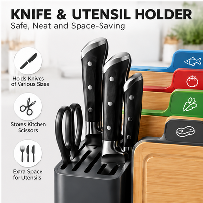 🚀CRAFTOEG™ Bamboo Cutting Board Set with Color-Coded Boards & Knife Organizer