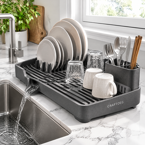 🦖CRAFTOEG™ Large Capacity Expandable Dish Drying Rack with 360° Drainage Spout