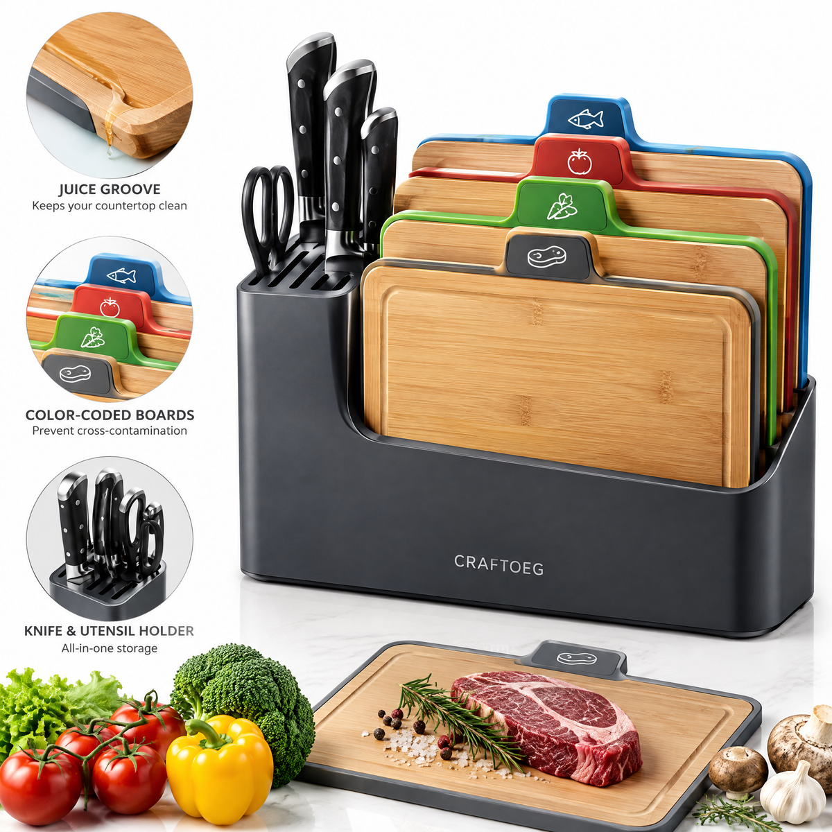 🚀CRAFTOEG™ Bamboo Cutting Board Set with Color-Coded Boards & Knife Organizer
