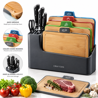 🚀CRAFTOEG™ Bamboo Cutting Board Set with Color-Coded Boards & Knife Organizer