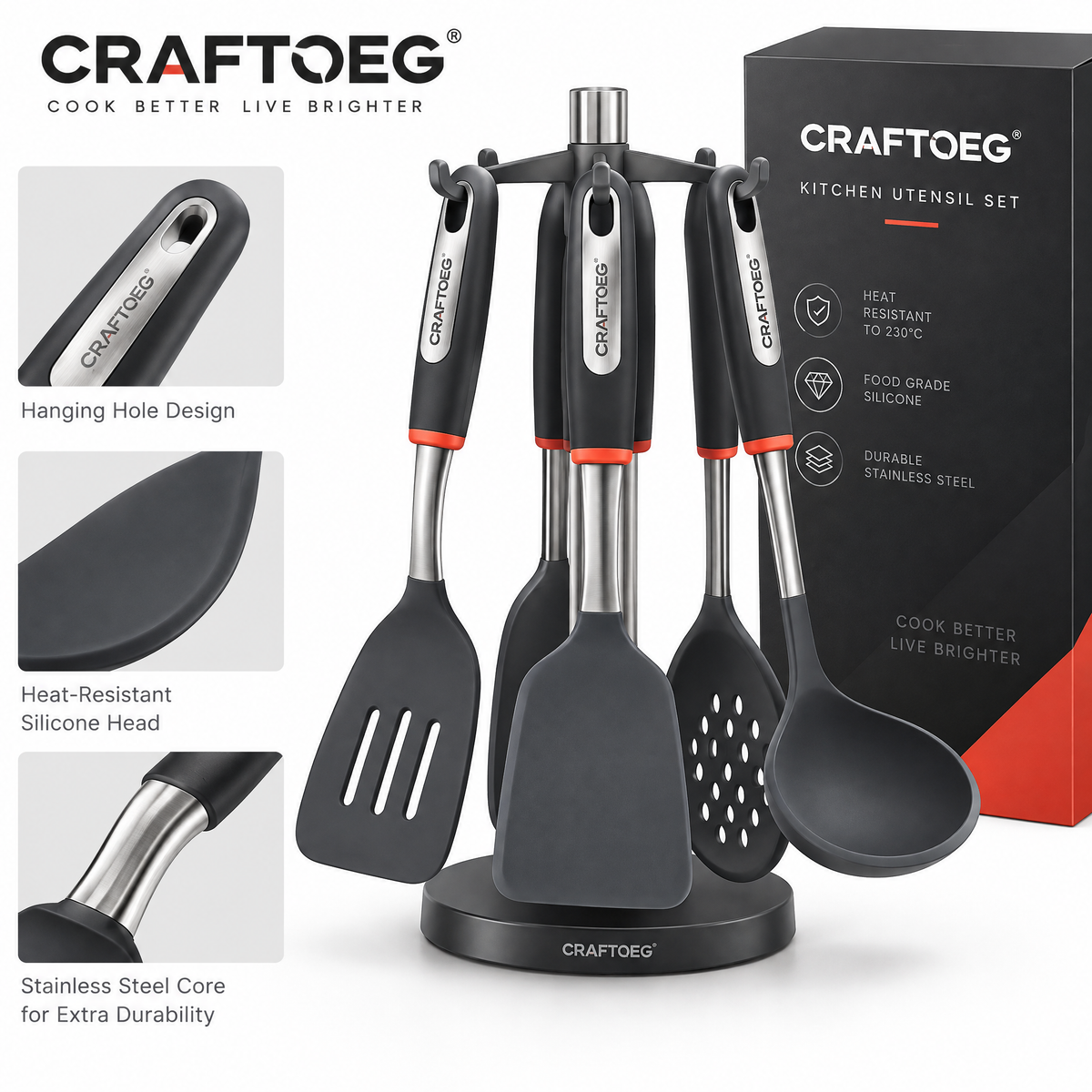 🐰CRAFTOEG™ 8-Piece Silicone Kitchen Utensil Set with 360° Rotating Stand